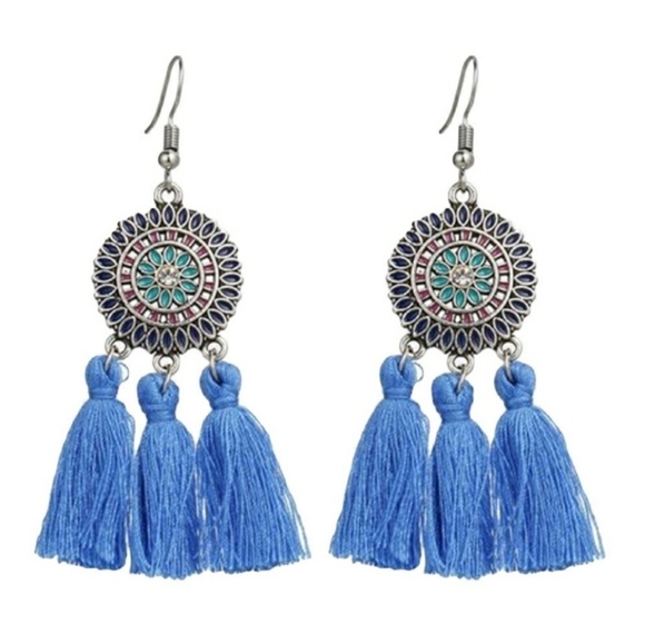 Bohemian Sun Tassels Earrings Dangles Blue - Picture 1 of 1